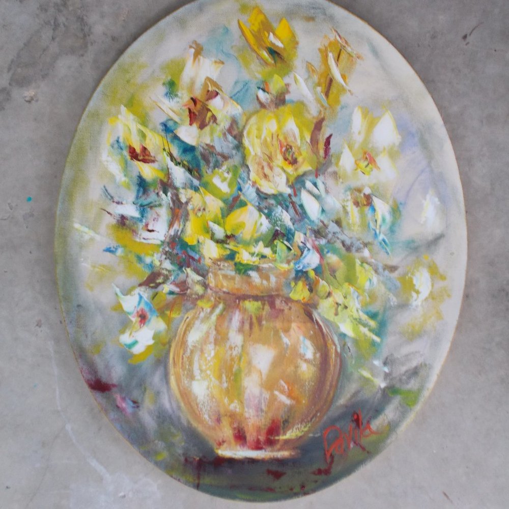 Original Golden Petal Floral 16x20 oval painting